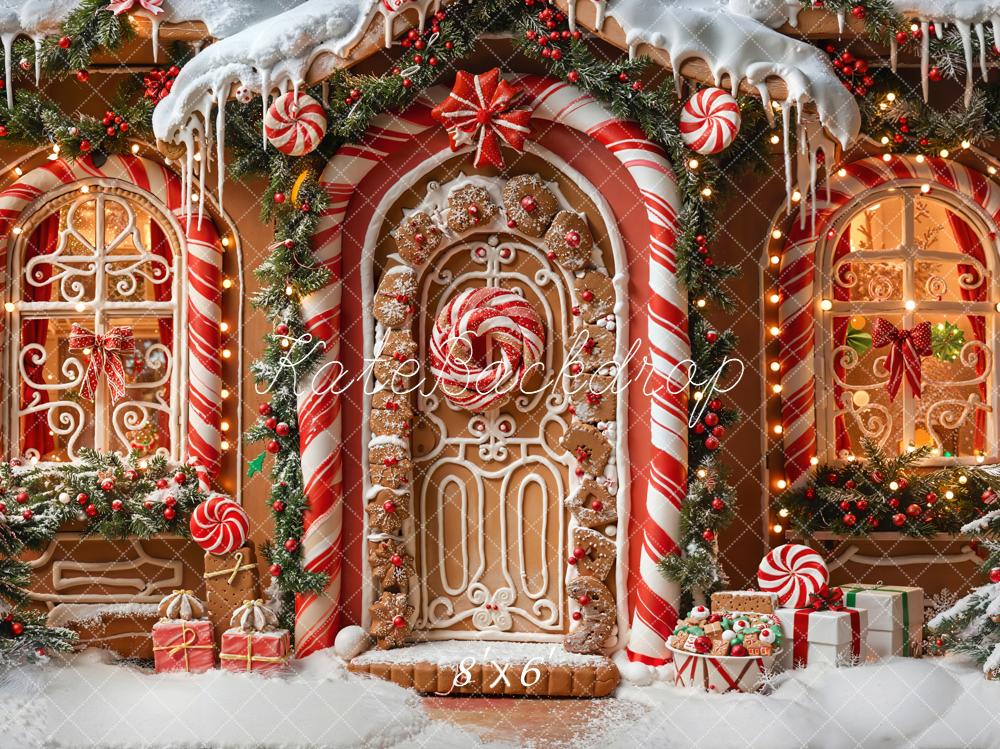 Kate Weihnachten Lebkuchenhaus Zuckerstangen Schnee Hintergrund Entworfen von Emetselch - Kate Backdrop.de