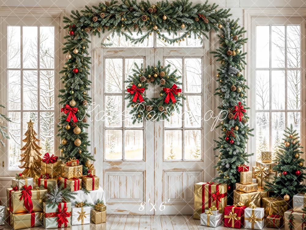 Kate Weihnachten Geschenke Tür Kranz Fleece Hintergrund Entworfen von Emetselch - Kate Backdrop.de