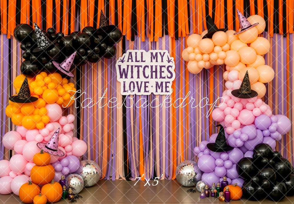 Kate Halloween Ballons Hexenhüte Orange Lila Hintergrund Entworfen von Patty Roberts
