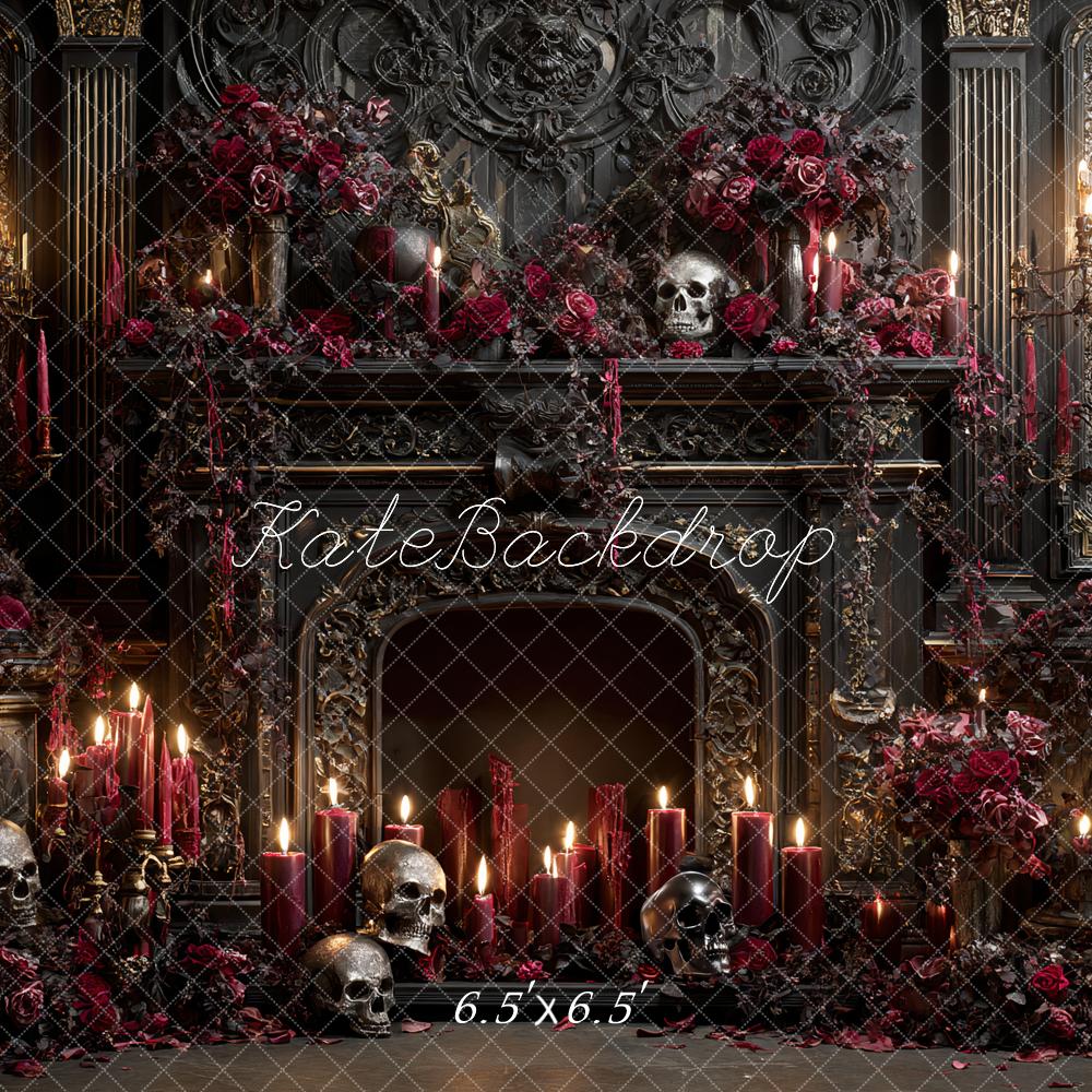 Kate Halloween Kamin Schädel Dunkelrot Hintergrund Entworfen von Ashley Paul