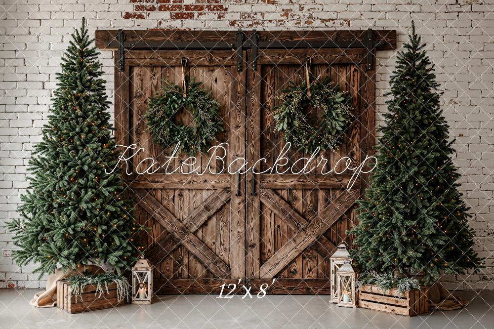 Kate Weihnachten Tannenbäume Holztür Rustikal Fleece Hintergrund Entworfen von Emetselch - Kate Backdrop.de