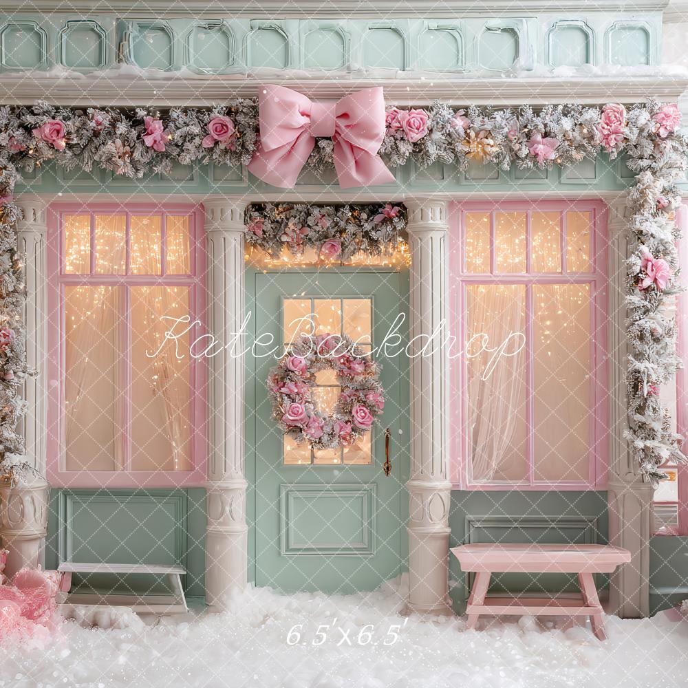 Kate Weihnachten Pastell Geschäft Fassade Rosa Hintergrund Entworfen von Ashley Paul