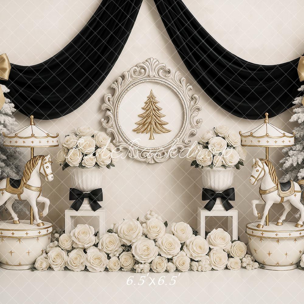 Kate Weihnachten Karussellpferde Tannen Creme Gold Hintergrund Entworfen von Ashley Paul - Kate Backdrop.de