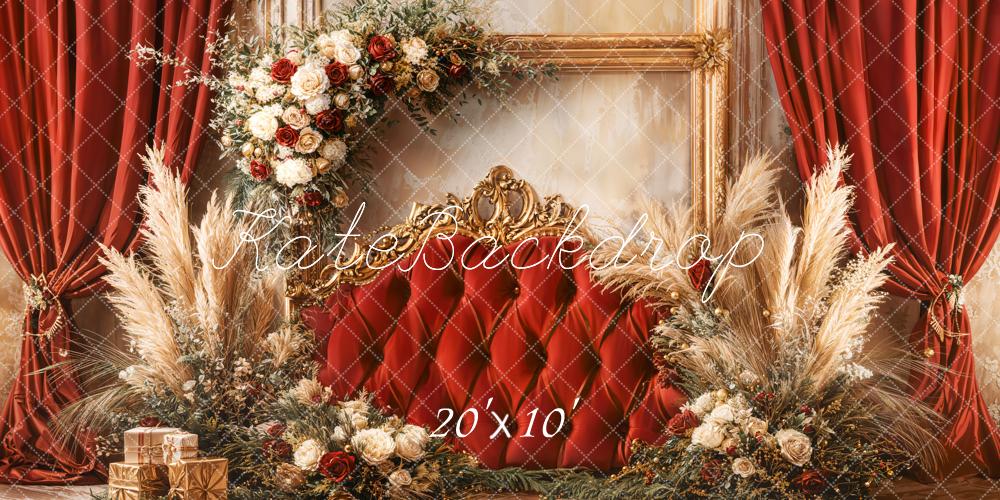 Kate Weihnachten Goldrahmen Rote Vorhänge Blumen Hintergrund Entworfen von Emetselch - Kate Backdrop.de