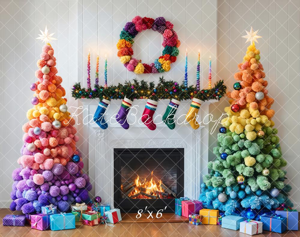 Kate Weihnachten Regenbogen Weihnachtsbäume Kamin Fleece Hintergrund Entworfen von Emetselch