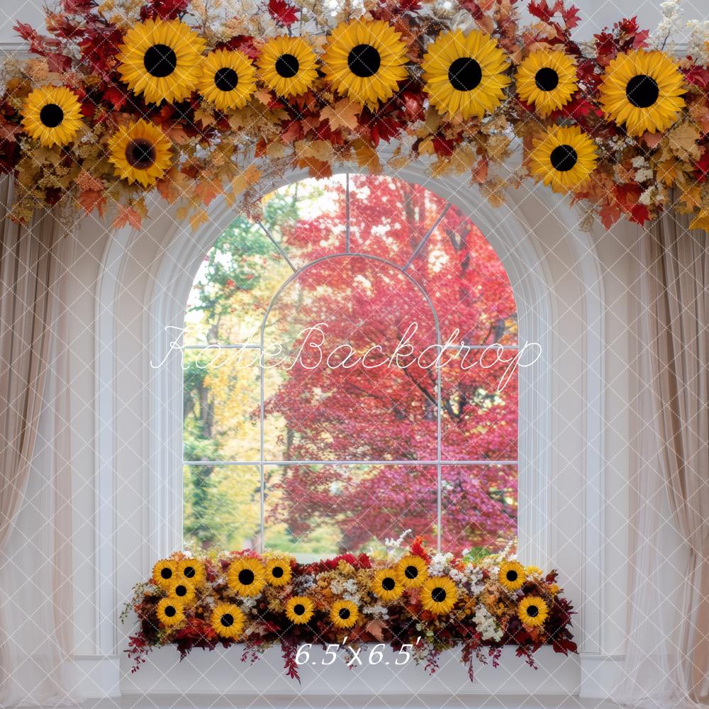 Kate Herbst Fenster Sonnenblumen Blumenbogen Hintergrund Entworfen von Mini MakeBelieve - Kate Backdrop.de