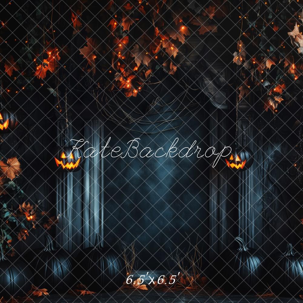 Kate Halloween Kürbis Lichter Blätter Dunkel Hintergrund Entworfen von Patty Roberts - Kate Backdrop.de