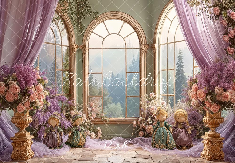 Kate Kinder Puppen Fenster Blumen Lila Hintergrund Entworfen von Emetselch - Kate Backdrop.de