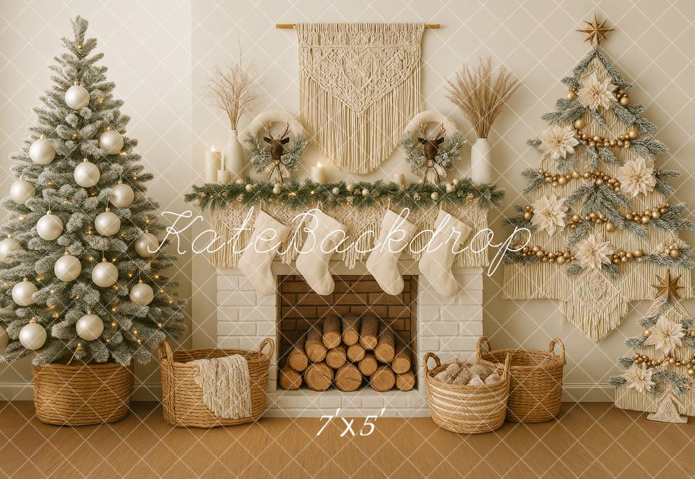 Kate Weihnachten Kamin Weihnachtsbaum Boho Hintergrund Entworfen von Ashley Paul - Kate Backdrop.de