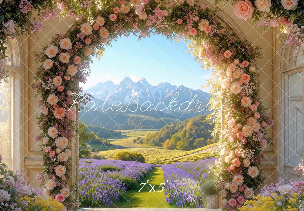 Kate Blumenbogen Lavendelfeld Berge Romantik Hintergrund Entworfen von Mini MakeBelieve - Kate Backdrop.de