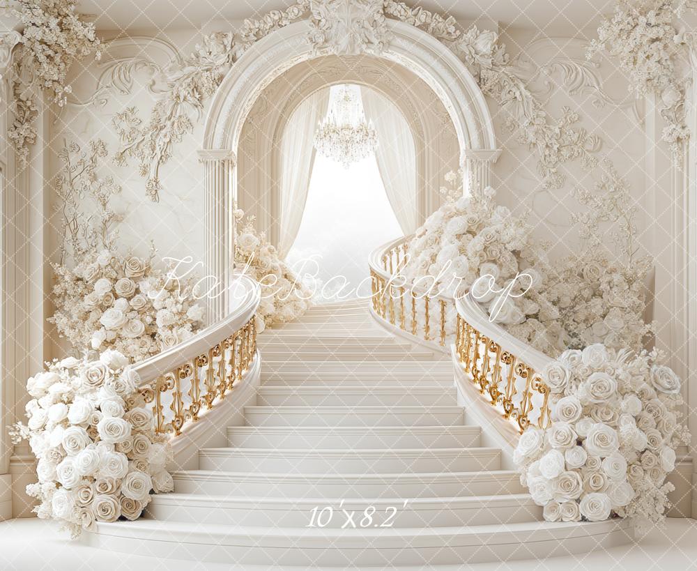 Kate Hochzeit Prunkvolle Treppe Blumen Weiß Hintergrund Entworfen von Mini MakeBelieve - Kate Backdrop.de