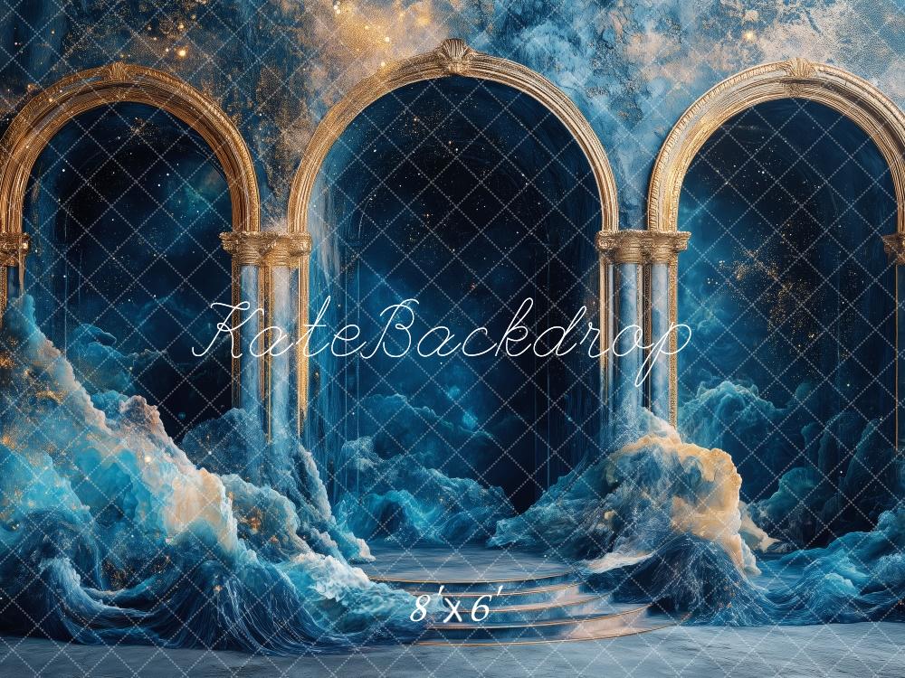 Kate Fantasy Goldene Bögen Wolken Blau Hintergrund Entworfen von Patty Roberts - Kate Backdrop.de