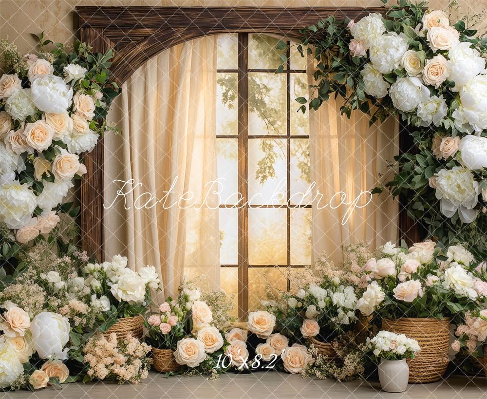 Kate Hochzeit Fenster Blumen Creme Hintergrund Entworfen von Mini MakeBelieve - Kate Backdrop.de