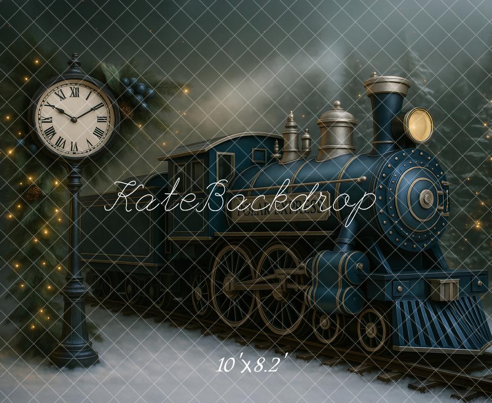 Kate Weihnachten Zug Uhr Tannenzweige Hintergrund Entworfen von Ashley Paul - Kate Backdrop.de