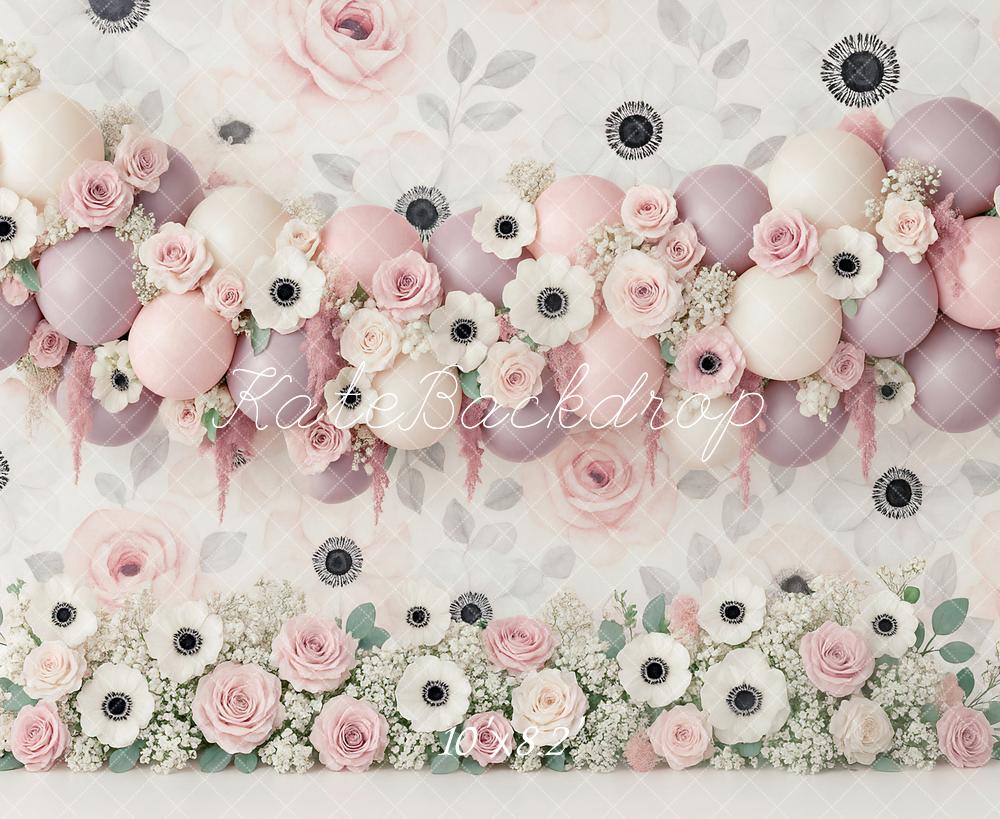 Kate Geburtstag Blumen Luftballons Pastell Hintergrund Entworfen von Ashley Paul - Kate Backdrop.de