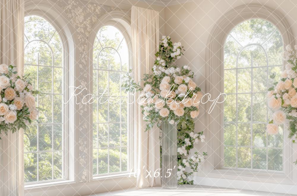 Kate Hochzeit Fenster Blumen Creme Hintergrund Entworfen von Mini MakeBelieve - Kate Backdrop.de