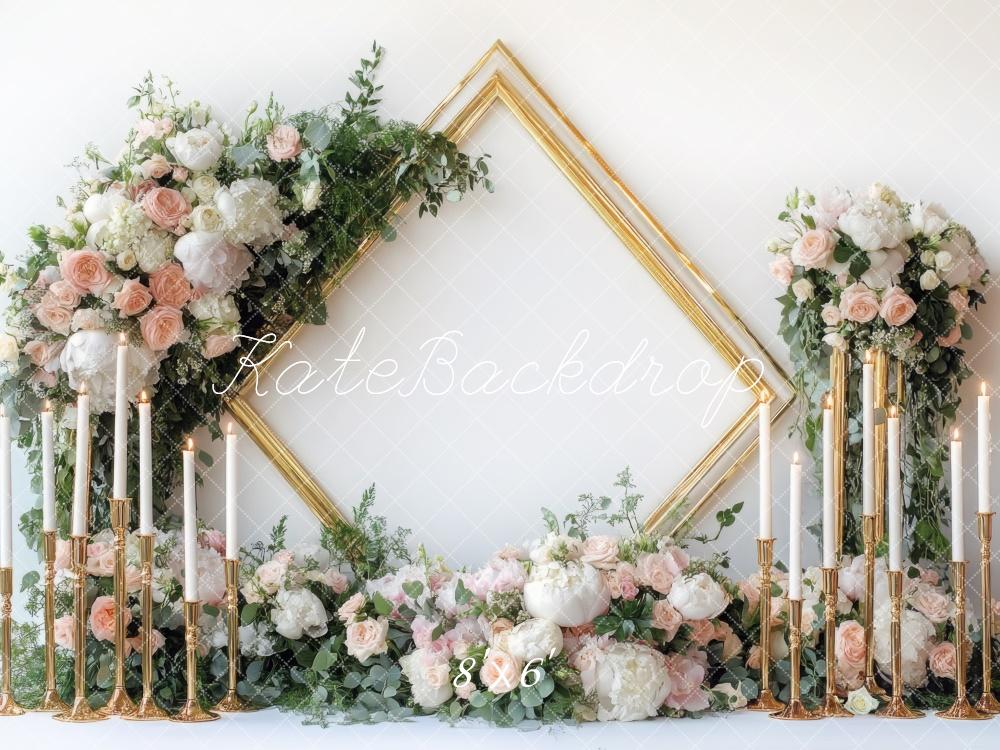 Kate Hochzeit Blumen Kerzen Goldrahmen Hintergrund Entworfen von Mini MakeBelieve - Kate Backdrop.de