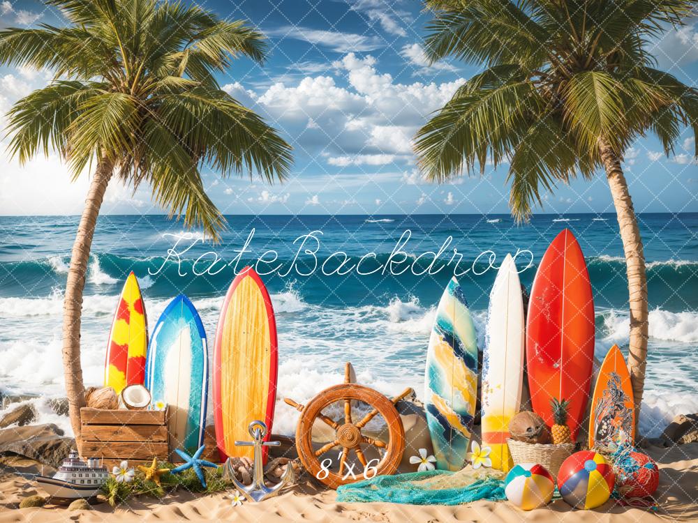 Kate Sommer Surfbretter Palmen Meer Bunt Hintergrund Entworfen von Emetselch - Kate Backdrop.de