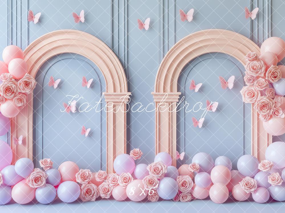 Kate Geburtstag Bögen Ballons Schmetterlinge Pastell Hintergrund Entworfen von Mini MakeBelieve - Kate Backdrop.de