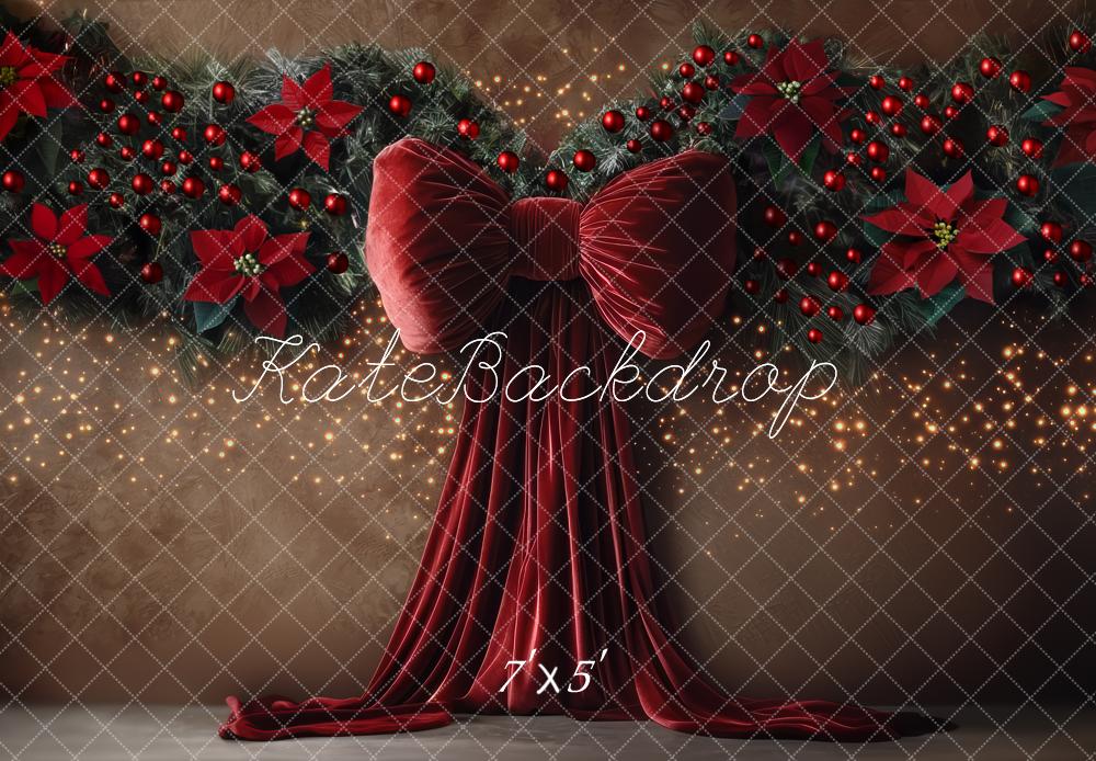 Kate Weihnachten Rote Schleife Tannenzweige Braun Hintergrund Entworfen von Mini MakeBelieve - Kate Backdrop.de