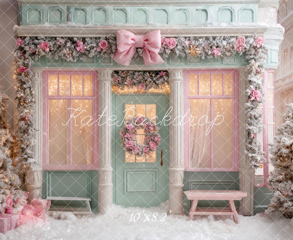 Kate Weihnachten Pastell Geschäft Fassade Rosa Hintergrund Entworfen von Ashley Paul