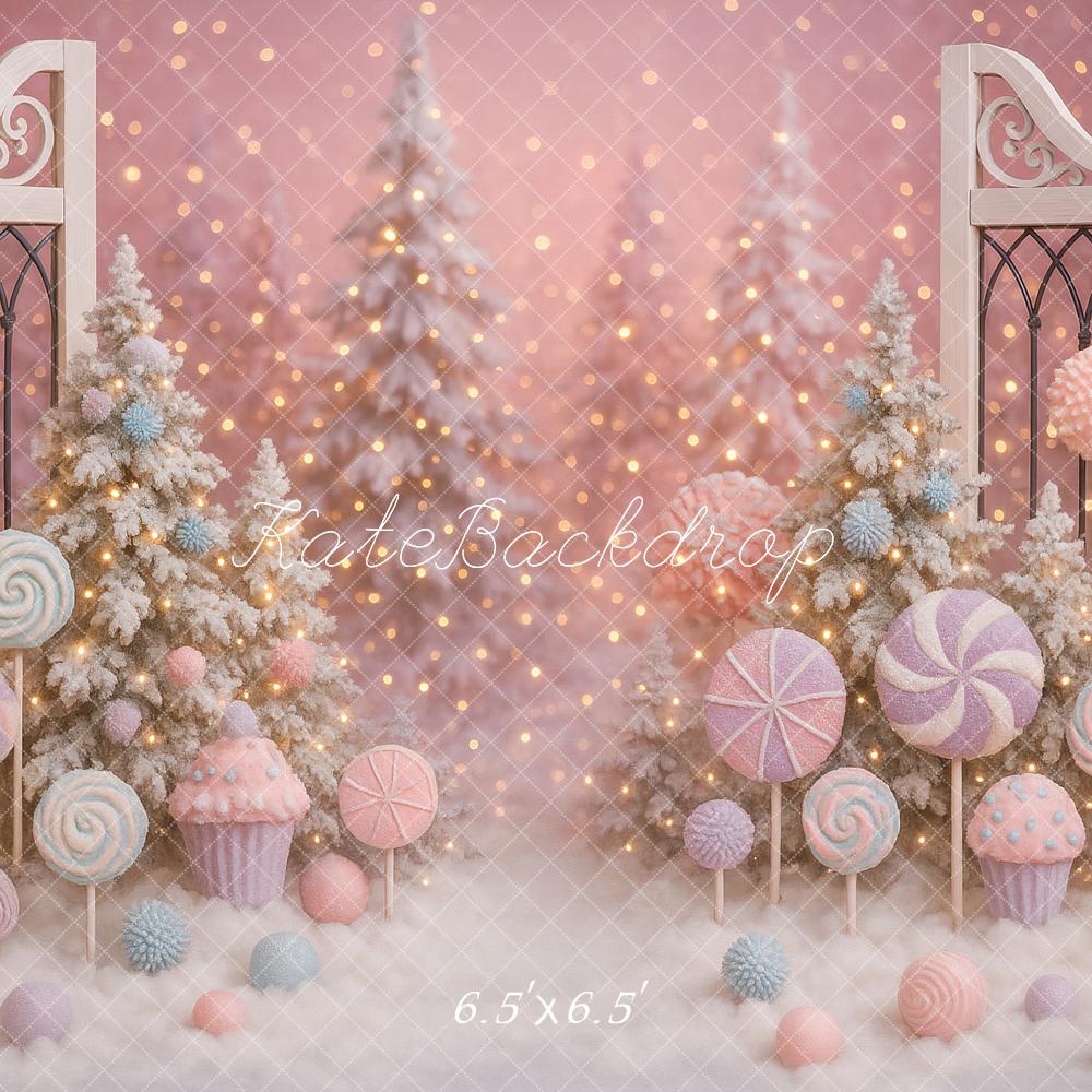 Kate Weihnachten Süßigkeiten Tannen Rosa Hintergrund Entworfen von Ashley Paul - Kate Backdrop.de