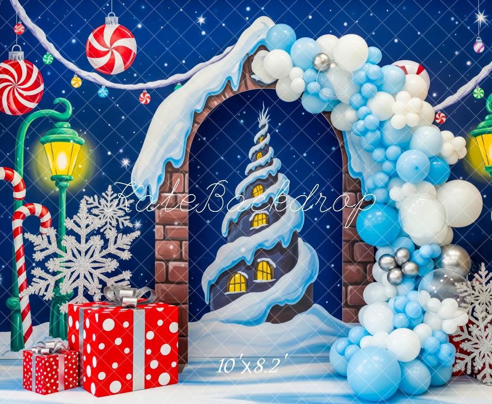 Kate Weihnachten Schokoladentor Zuckerstangen Blau Hintergrund Entworfen von Patty Roberts - Kate Backdrop.de