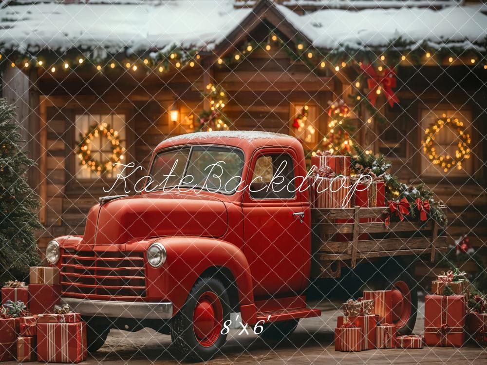 Kate Weihnachten Roter LKW Geschenkboxen Rustikal Fleece Hintergrund Entworfen von Emetselch - Kate Backdrop.de