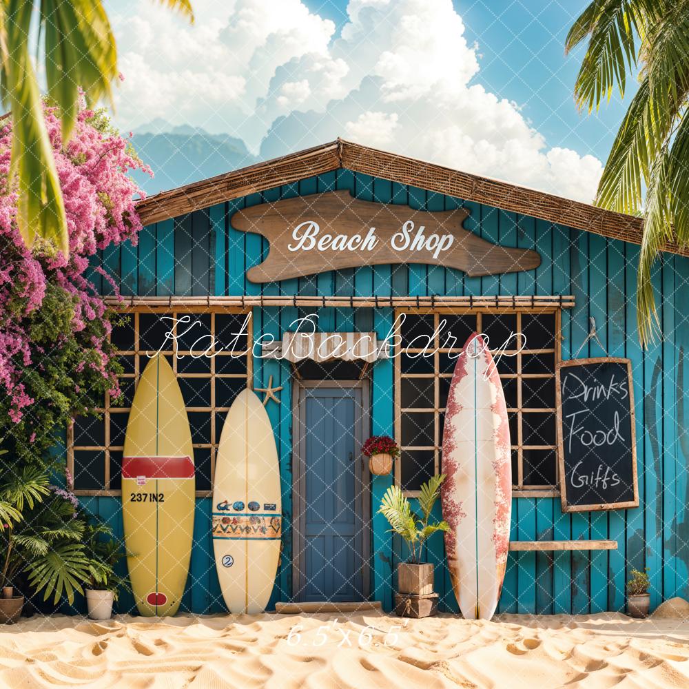 Kate Sommer Surfbretter Strandhaus Blau Hintergrund Entworfen von Emetselch - Kate Backdrop.de
