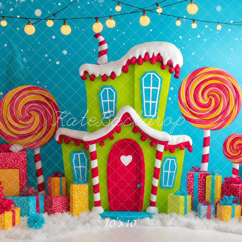 Kate Weihnachten Lebkuchenhaus Lollipops Bunt Hintergrund Entworfen von Patty Roberts - Kate Backdrop.de