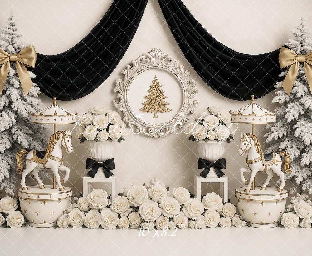 Kate Weihnachten Karussellpferde Tannen Creme Gold Hintergrund Entworfen von Ashley Paul - Kate Backdrop.de