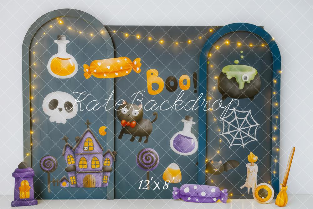 Kate Halloween Spukhaus Süßigkeiten Dunkelblau Hintergrund Entworfen von Patty Roberts - Kate Backdrop.de