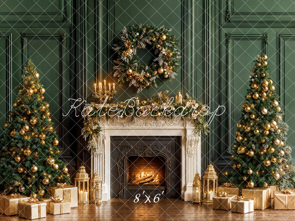 Kate Weihnachten Kamin Weihnachtsbäume Gold Fleece Hintergrund Entworfen von Emetselch - Kate Backdrop.de