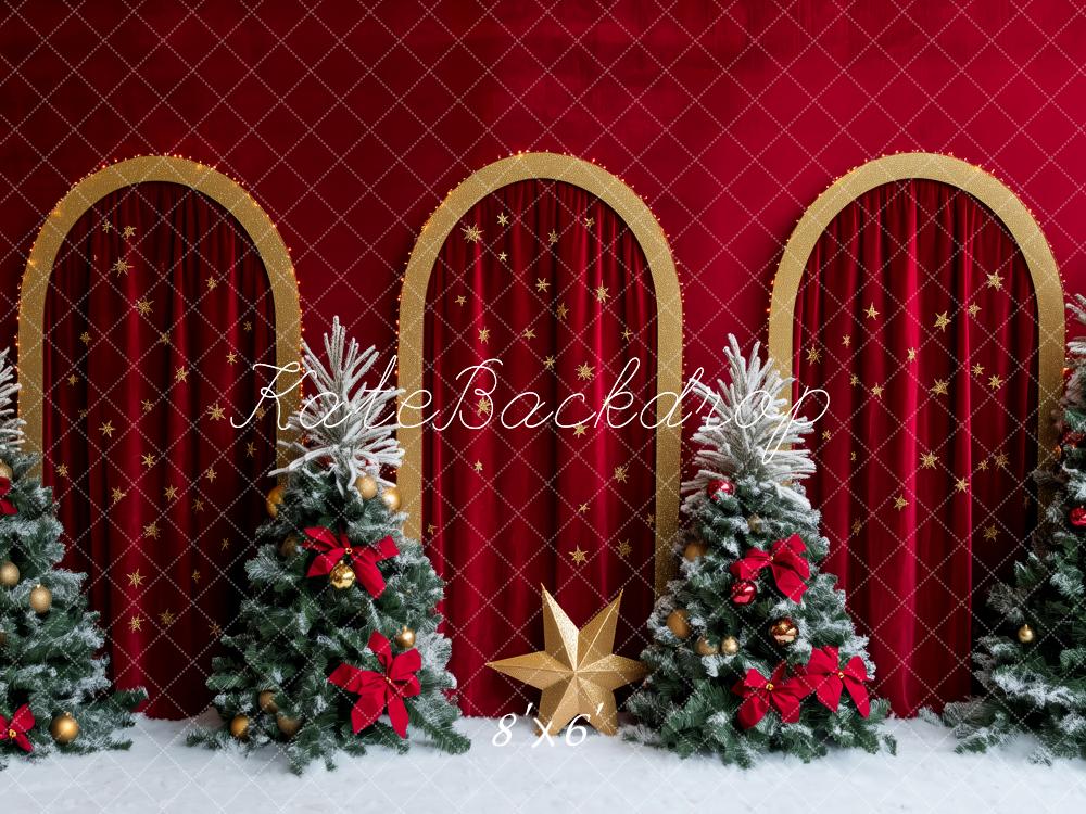 Kate Weihnachten Bögen Tannenbäume Rot Hintergrund Entworfen von Patty Roberts - Kate Backdrop.de