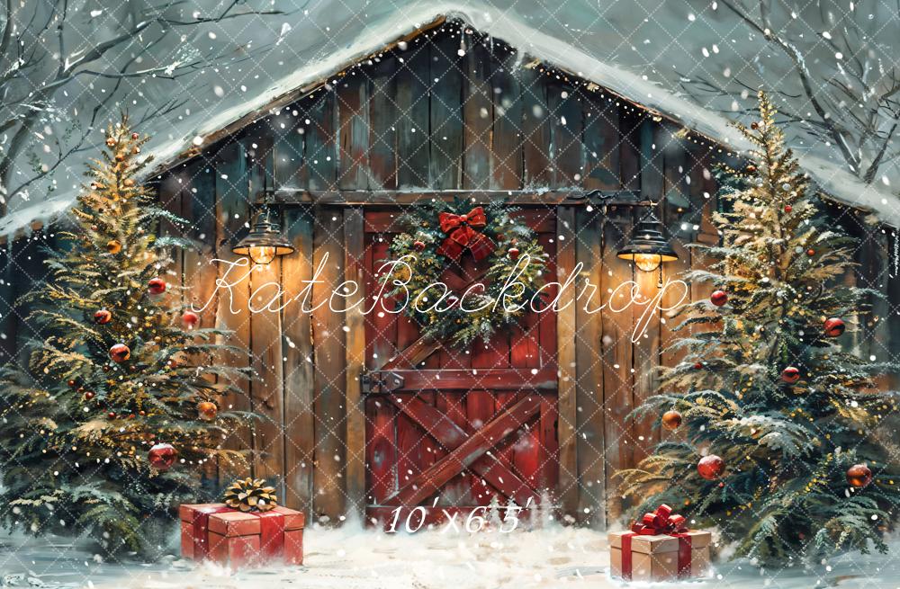 Kate Weihnachten Scheune Tannenbaum Schnee Hintergrund Entworfen von Chain