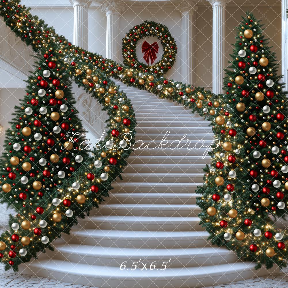 Kate Weihnachten Treppe Girlande Gold Rot Hintergrund Entworfen von Mini MakeBelieve - Kate Backdrop.de