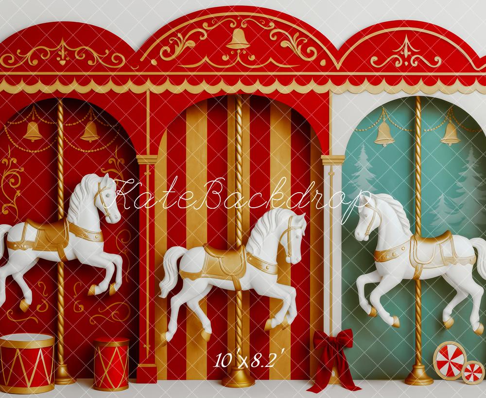 Kate Karussell Pferde Zirkus Klassisch Rot Hintergrund Entworfen von Patty Roberts - Kate Backdrop.de