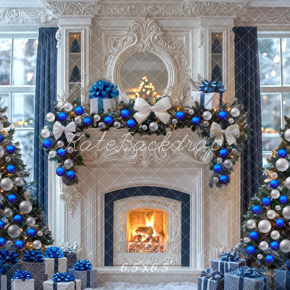 Kate Weihnachten Kamin Weihnachtsbaum Blau Hintergrund Entworfen von Mini MakeBelieve - Kate Backdrop.de