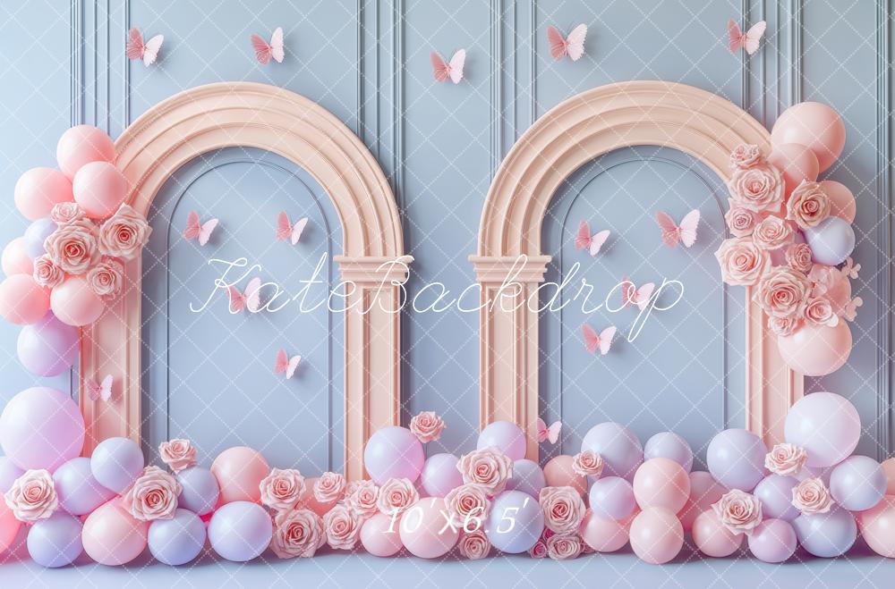 Kate Geburtstag Bögen Ballons Schmetterlinge Pastell Hintergrund Entworfen von Mini MakeBelieve - Kate Backdrop.de