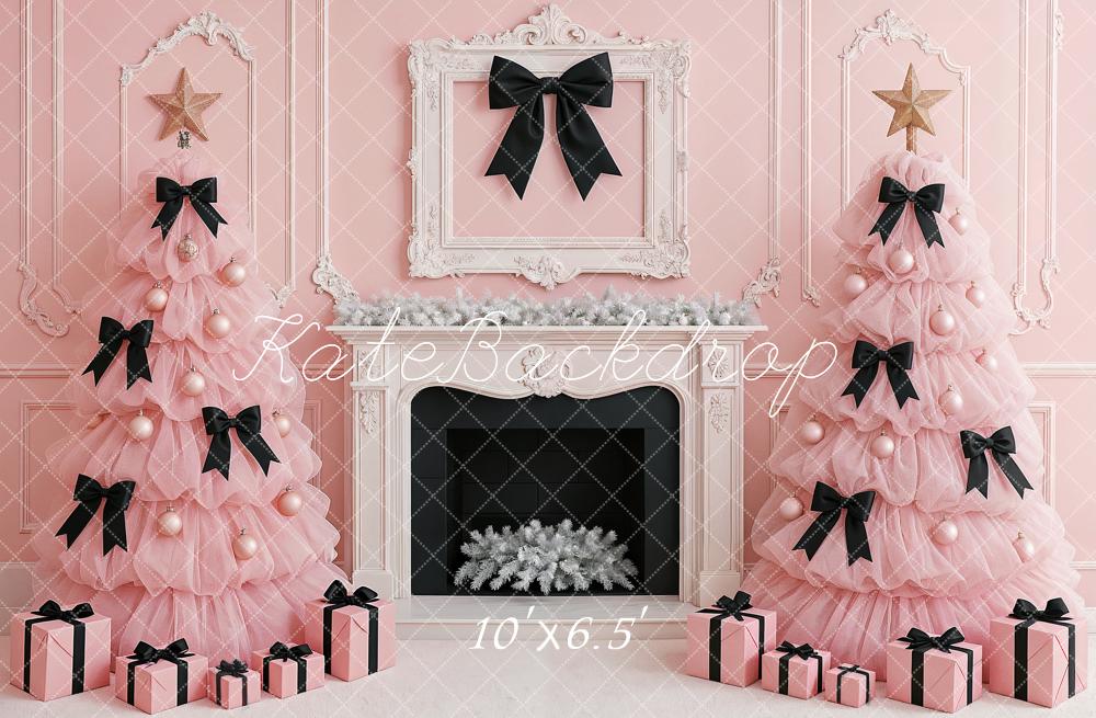 Kate Weihnachten Rosa Weihnachtsbäume Kamin Hintergrund Entworfen von Ashley Paul - Kate Backdrop.de