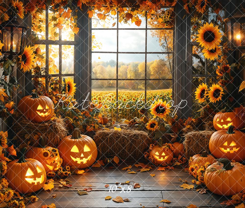 Kate Halloween Kürbisse Sonnenblumen Fenster Herbst Fleece Hintergrund Entworfen von Emetselch