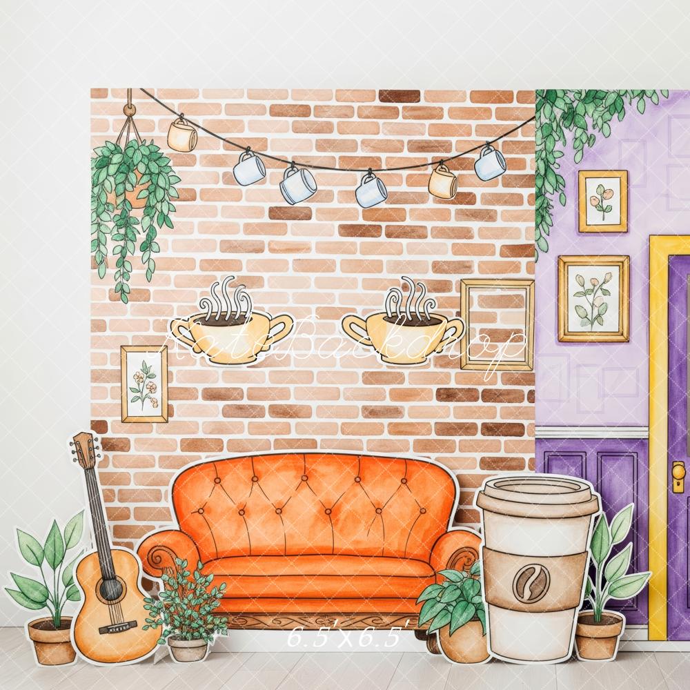 Kate Herbst Wohnzimmer Backsteinwand Lila Tür Hintergrund Entworfen von Patty Roberts - Kate Backdrop.de