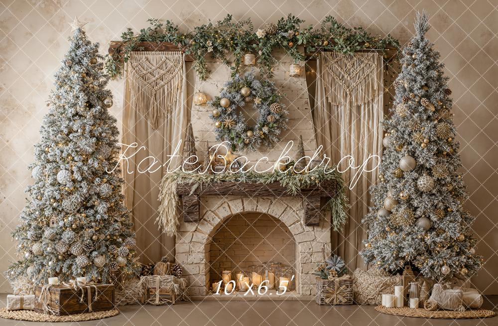 Kate Weihnachten Kamin Girlande Schnee Bäume Fleece Hintergrund Entworfen von Emetselch - Kate Backdrop.de