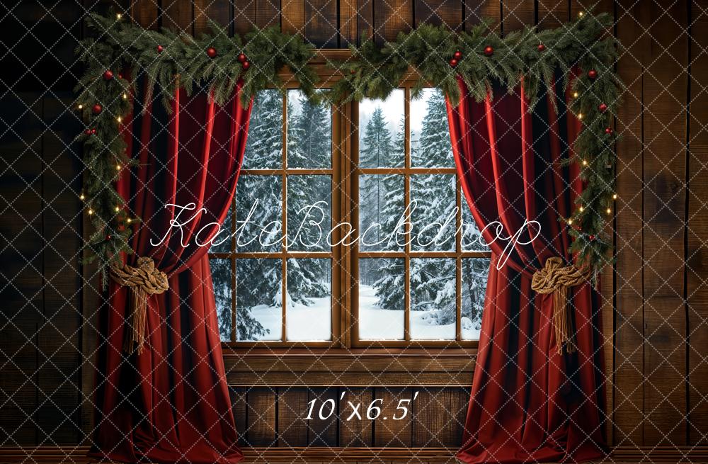 Kate Weihnachten Fenster Rote Vorhänge Tannenzweige Fleece Hintergrund Entworfen von Emetselch - Kate Backdrop.de