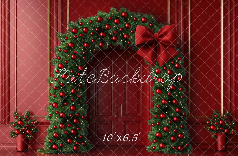 Kate Weihnachten Blumenbogen Tannenzweige Rot Hintergrund Entworfen von Mini MakeBelieve - Kate Backdrop.de
