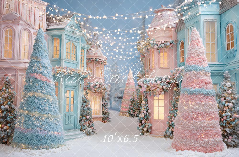 Kate Weihnachten Pastell Häuser Bäume Hintergrund Entworfen von Ashley Paul