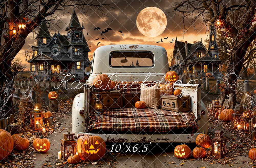 Kate Halloween Oldtimer Kürbisse Spukhaus Fleece Hintergrund Entworfen von Emetselch - Kate Backdrop.de