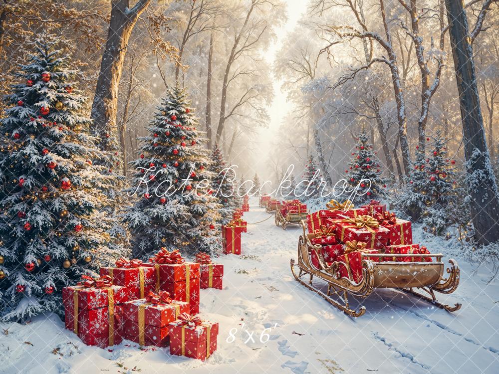 Kate Weihnachten Geschenke Schlitten Winterwald Fleece Hintergrund Entworfen von Emetselch - Kate Backdrop.de