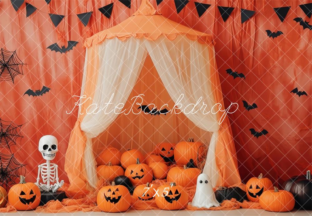 Kate Halloween Kürbisse Fledermäuse Orange Hintergrund Entworfen von Patty Roberts - Kate Backdrop.de