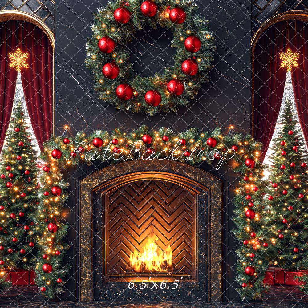 Kate Weihnachten Kamin Kranz Tannenbäume Hintergrund Entworfen von Mini MakeBelieve - Kate Backdrop.de
